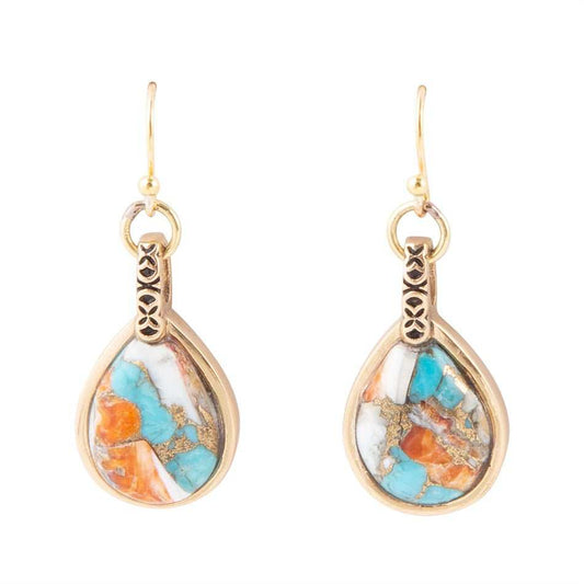 Blue and Orange Turquoise and Spiny Oyster Shell Stone Mix Golden Earrings - Barse Jewelry - Flyclothing LLC