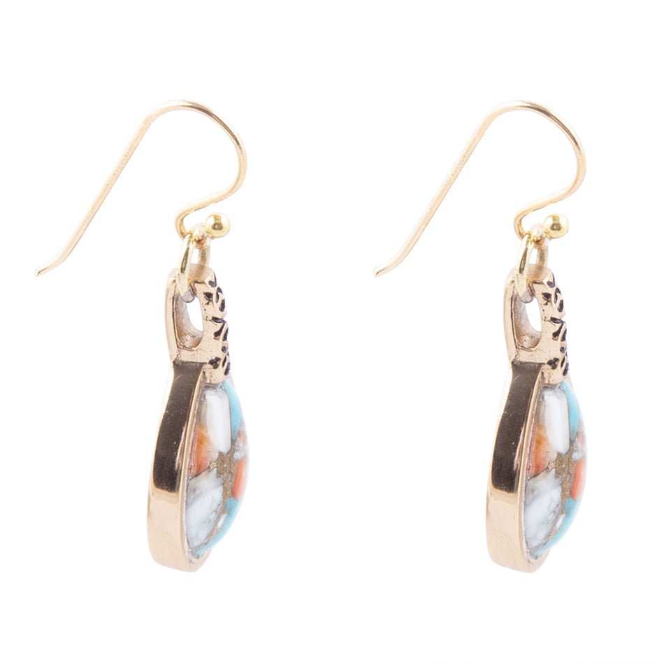 Blue and Orange Turquoise and Spiny Oyster Shell Stone Mix Golden Earrings - Barse Jewelry - Flyclothing LLC