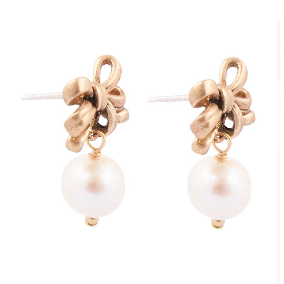 Gifted Freshwater Pearl Bow Golden Drop Earrings - Barse Jewelry - Flyclothing LLC