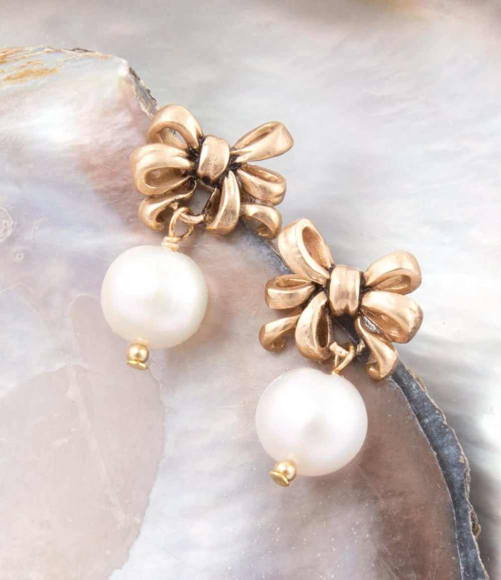 Gifted Freshwater Pearl Bow Golden Drop Earrings - Barse Jewelry - Flyclothing LLC