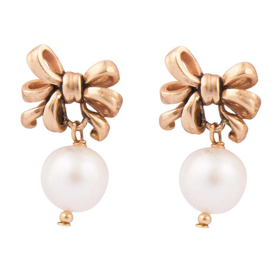 Gifted Freshwater Pearl Bow Golden Drop Earrings - Barse Jewelry - Flyclothing LLC