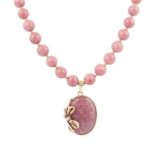 Gifted Pink Rhodonite Gold Bow Beaded Pendant Necklace - Barse Jewelry - Flyclothing LLC