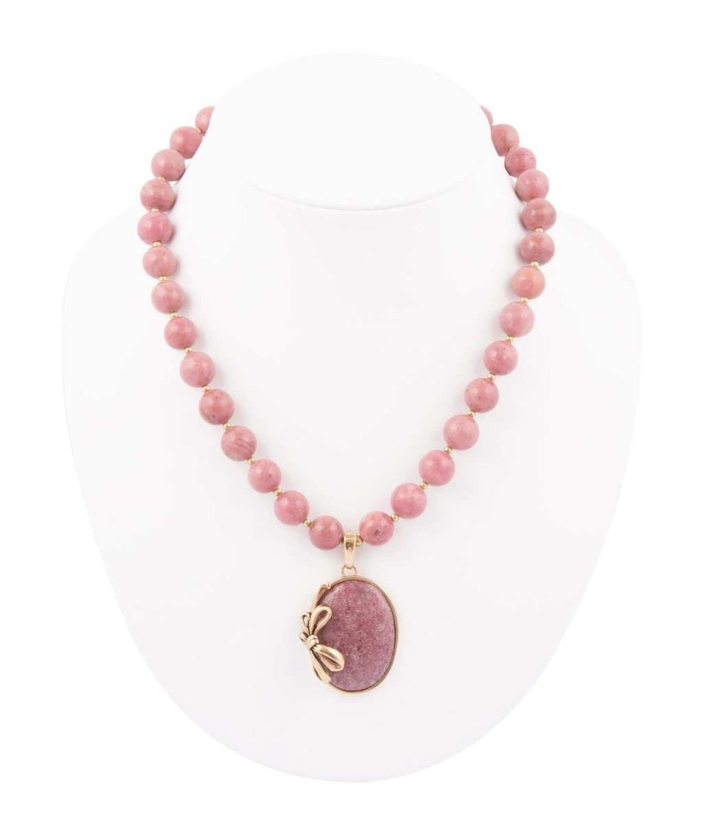 Gifted Pink Rhodonite Gold Bow Beaded Pendant Necklace - Barse Jewelry - Flyclothing LLC