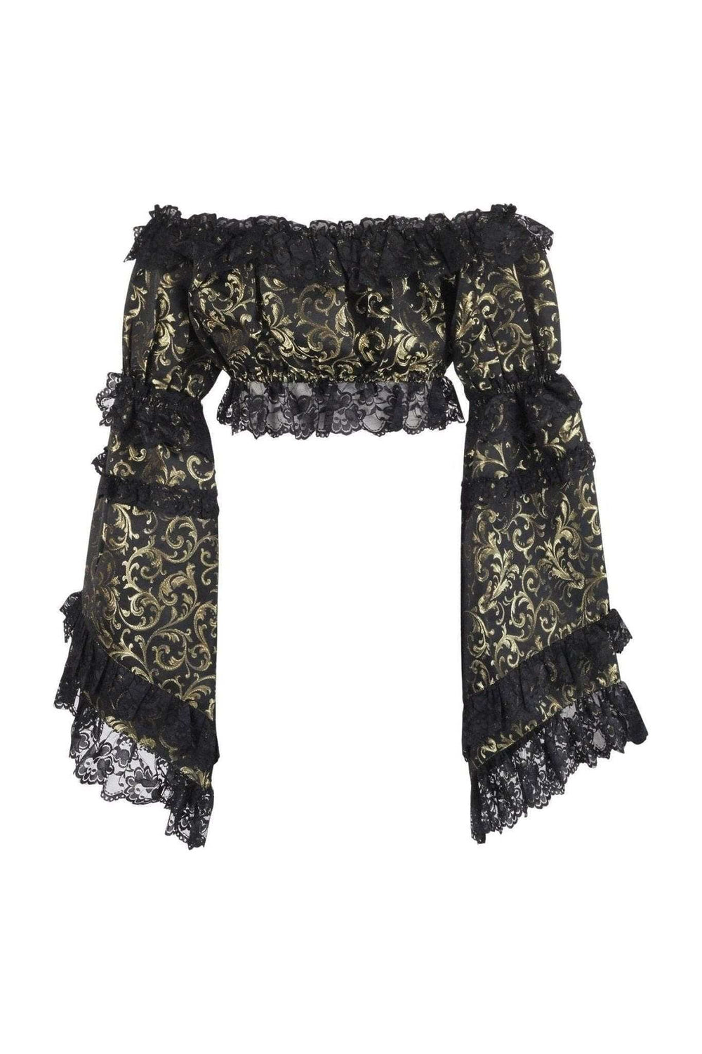 Daisy Corsets Gold/Black Brocade Smocked Flare Sleeve Peasant Top - Daisy Corsets - Flyclothing LLC