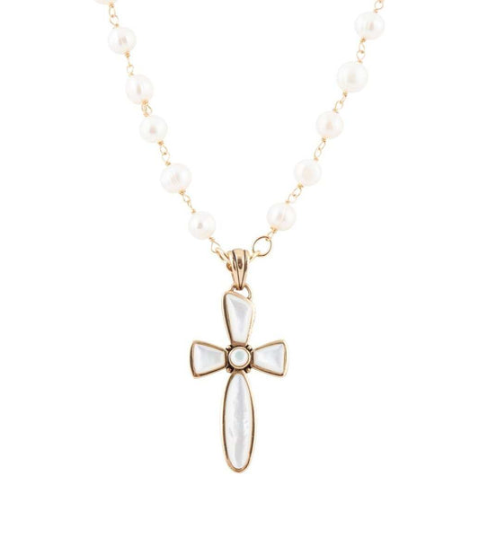 Las Cruces White Pearl Cross Pendant Necklace - Barse Jewelry - Flyclothing LLC