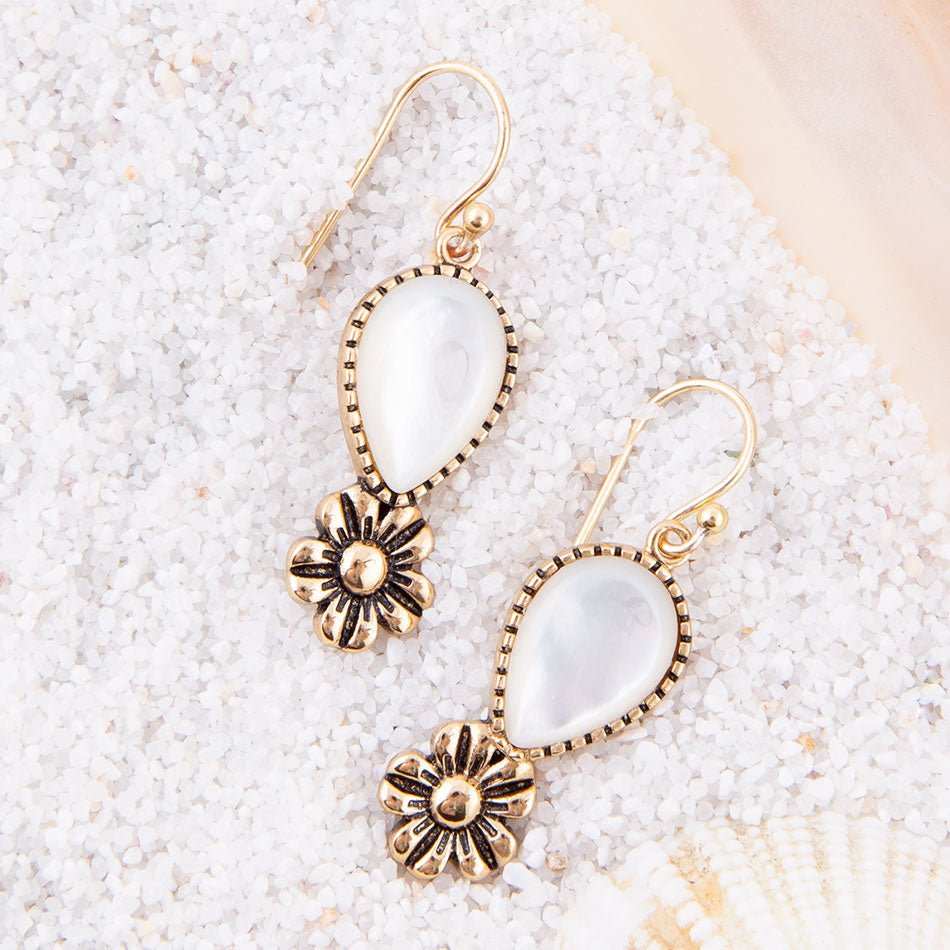 Golden Flower and White Mother of Pearl Drop Earrings - Barse Jewelry - Flyclothing LLC
