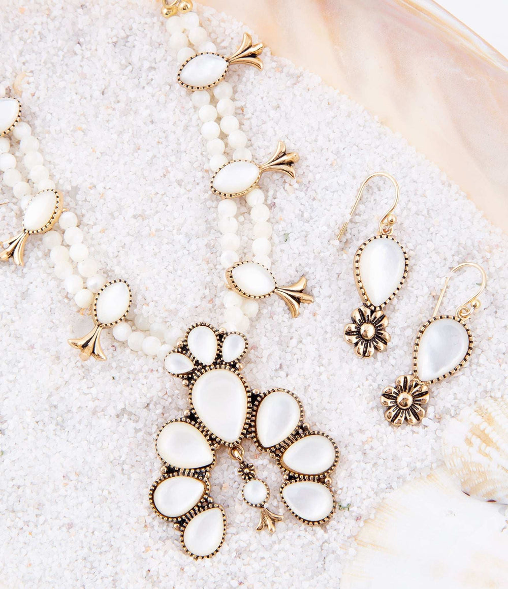 Golden Flower and White Mother of Pearl Drop Earrings - Barse Jewelry - Flyclothing LLC