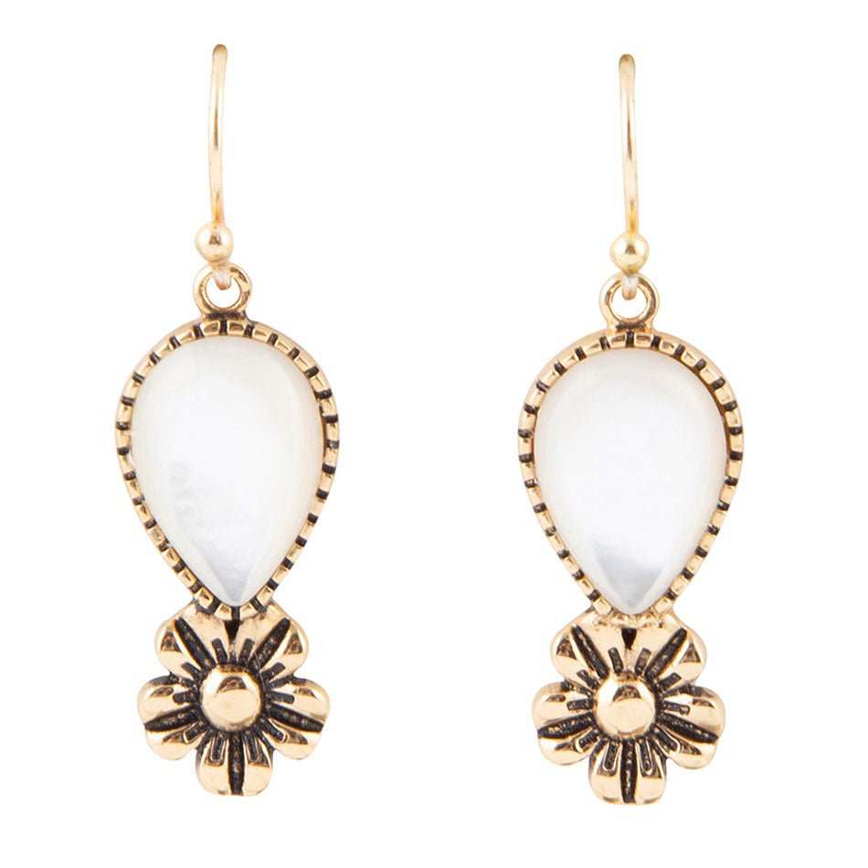 Golden Flower and White Mother of Pearl Drop Earrings - Barse Jewelry - Flyclothing LLC