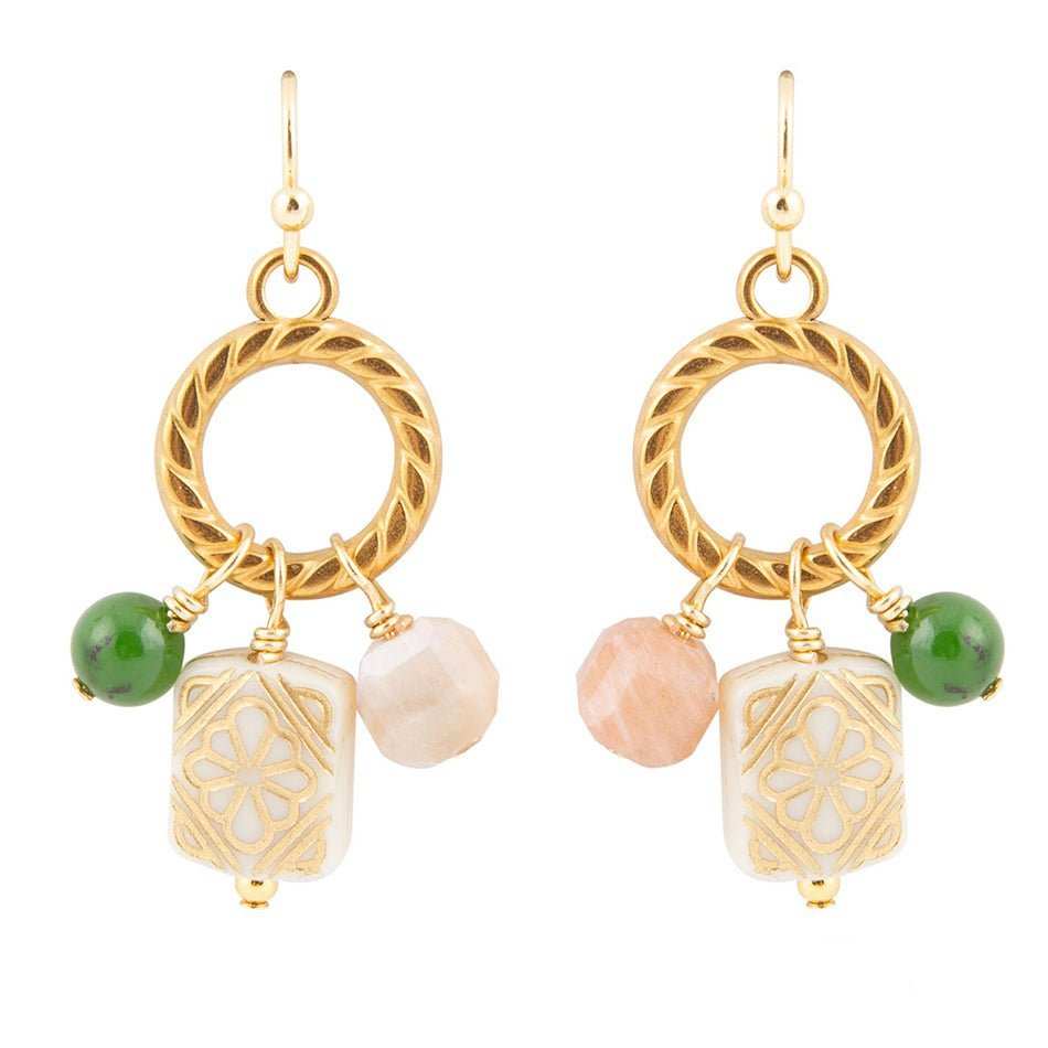Green Jade and Pink Sunstone Golden Drop Earrings - Barse Jewelry - Flyclothing LLC