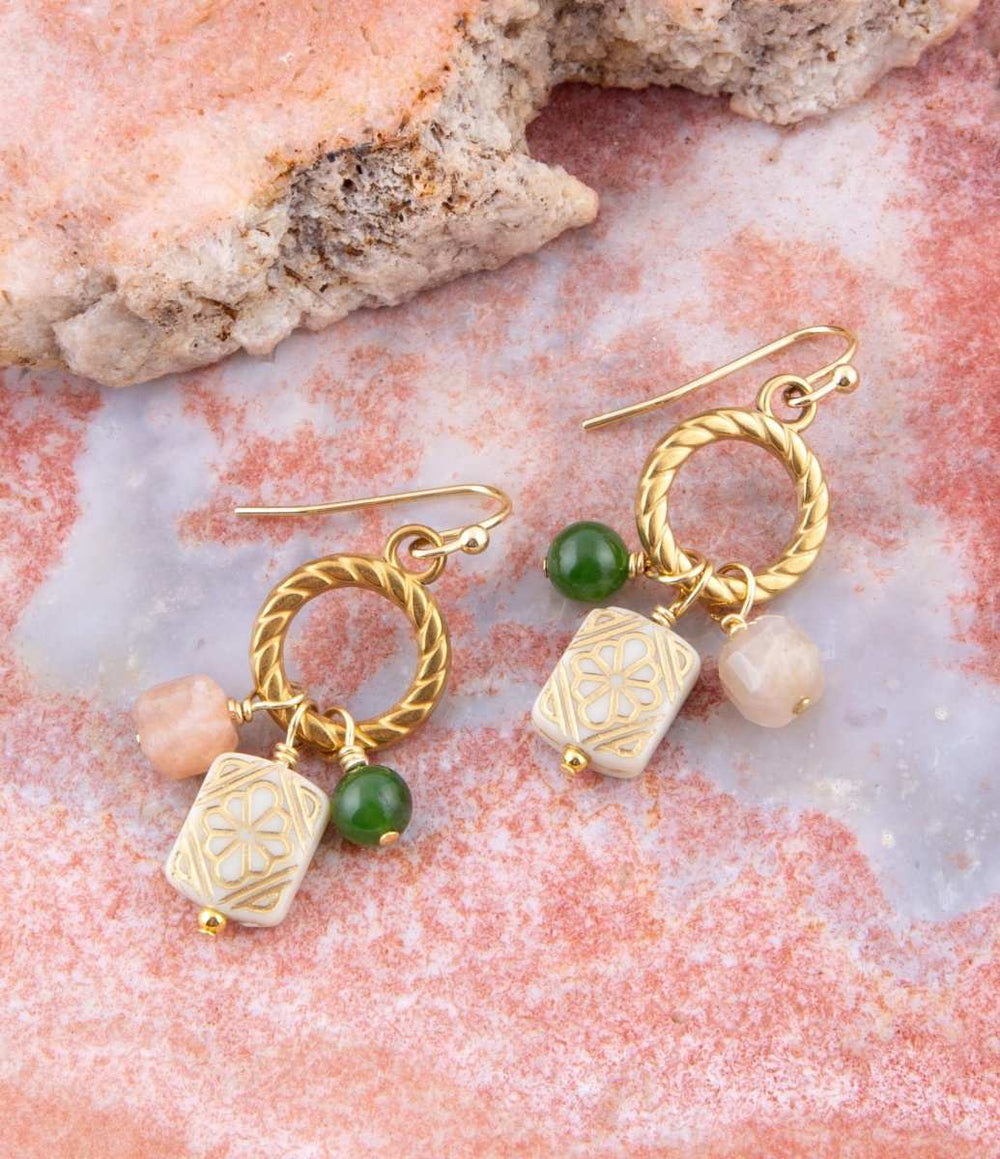 Green Jade and Pink Sunstone Golden Drop Earrings - Barse Jewelry - Flyclothing LLC