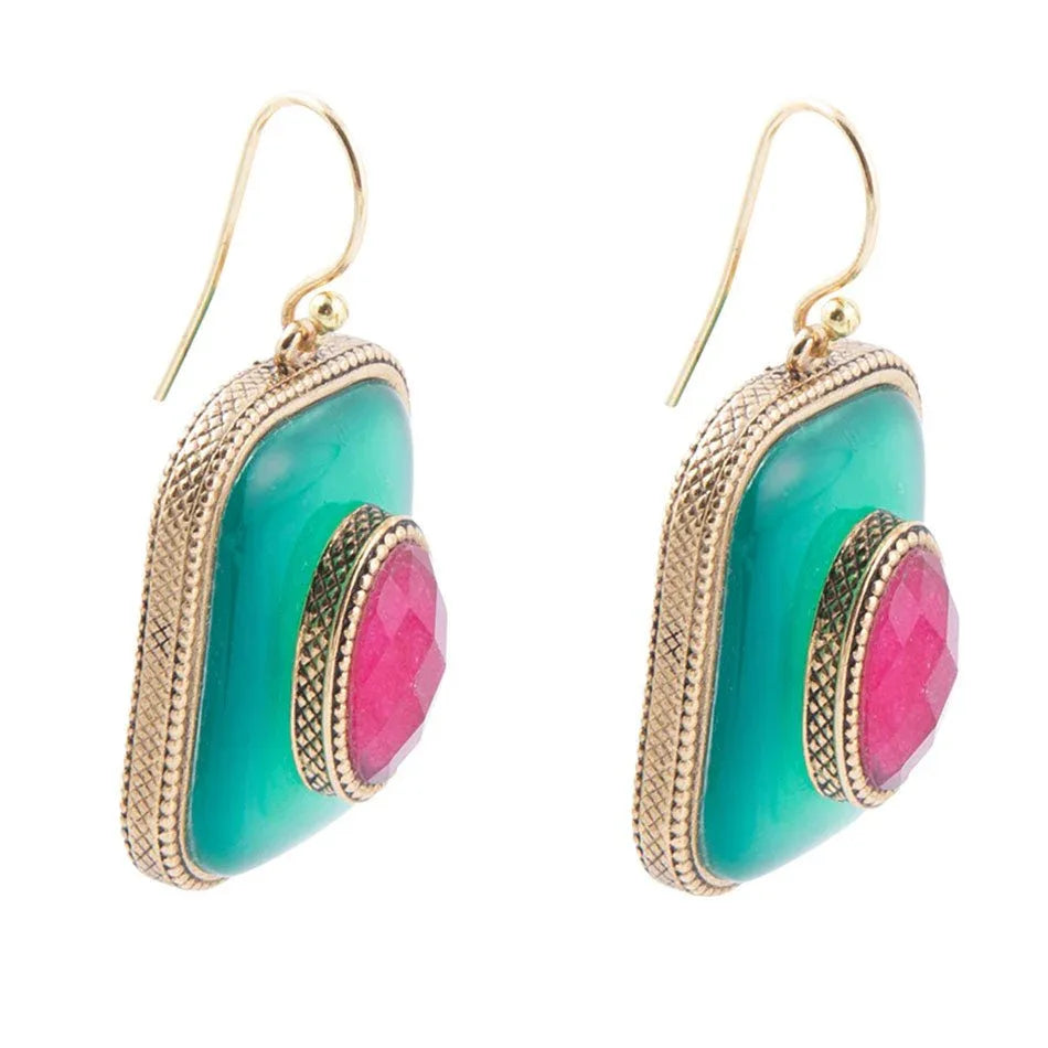 Green Onyx Stacked Red Stone Golden Drop Earrings - Barse Jewelry - Flyclothing LLC