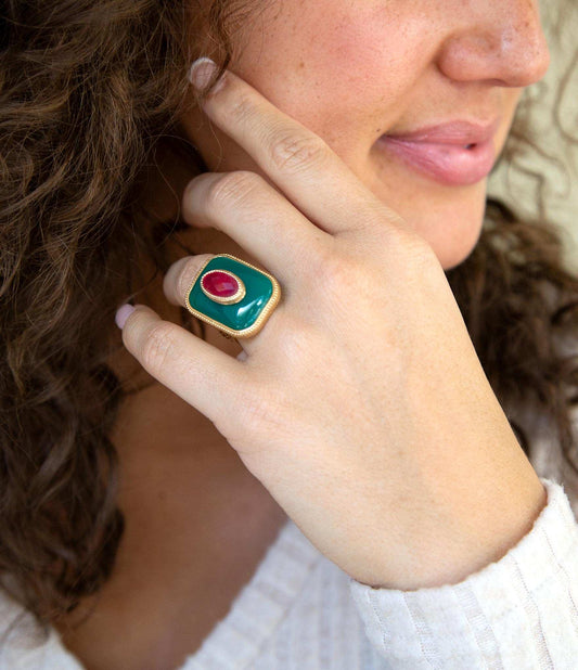 Green Onyx Stacked Red Stone Golden Statement Ring - Barse Jewelry - Flyclothing LLC