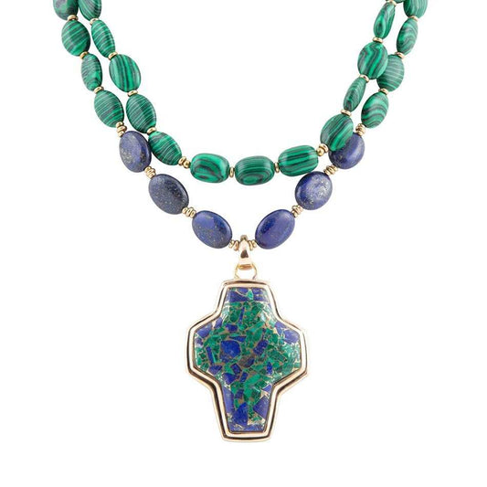Green Malachite Azurite Cross Statement Golden Necklace - Barse Jewelry - Flyclothing LLC