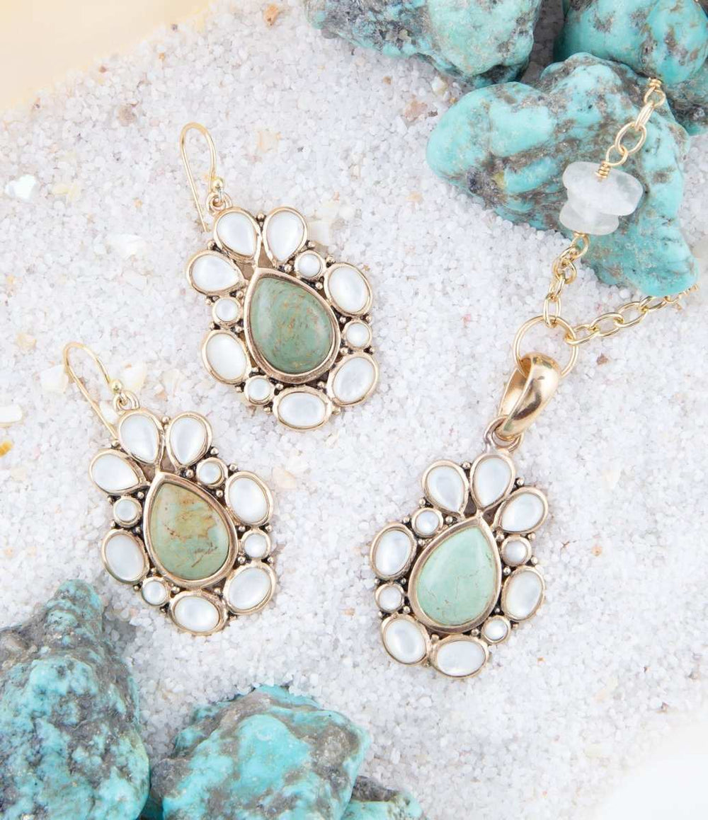 Green Turquoise and White Mother of Pearl Golden Bronze Drop Earrings - Barse Jewelry - Flyclothing LLC