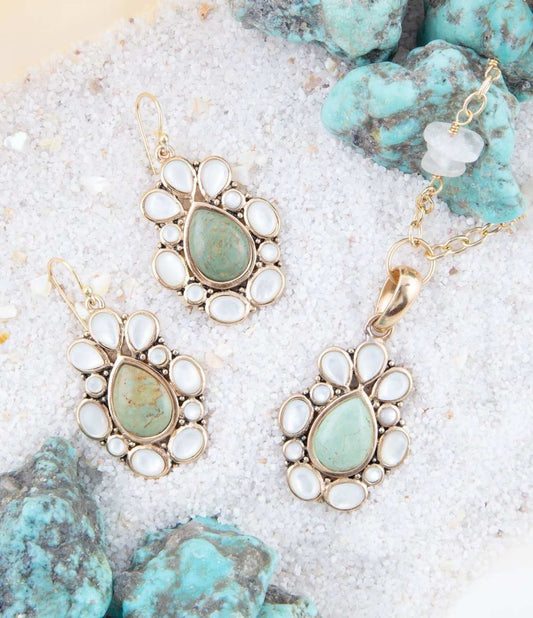 Green Turquoise and White Mother of Pearl Golden Bronze Drop Earrings - Barse Jewelry - Flyclothing LLC