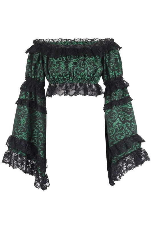 Daisy Corsets Green/Black Brocade Smocked Flare Sleeve Peasant Top - Daisy Corsets - Flyclothing LLC