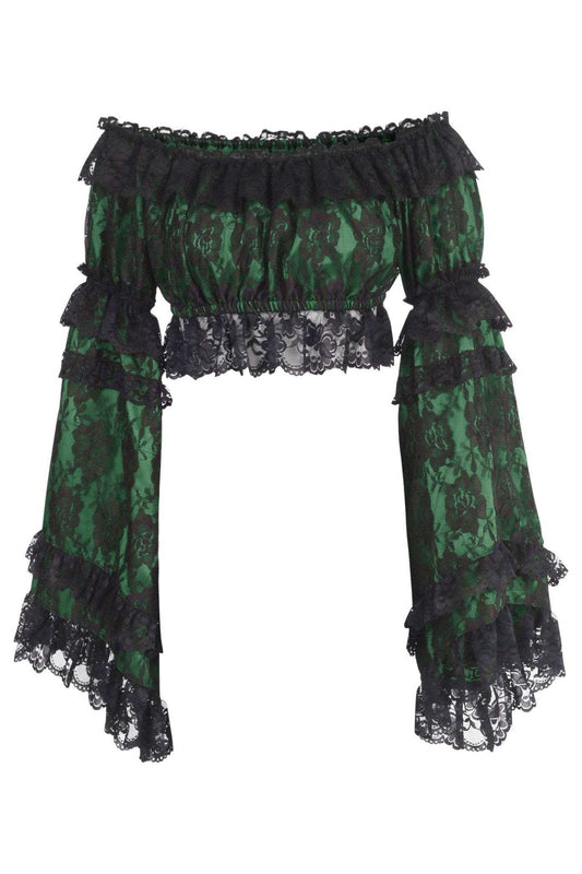 Daisy Corsets Green/Black Lace Smocked Flare Sleeve Peasant Top - Daisy Corsets - Flyclothing LLC