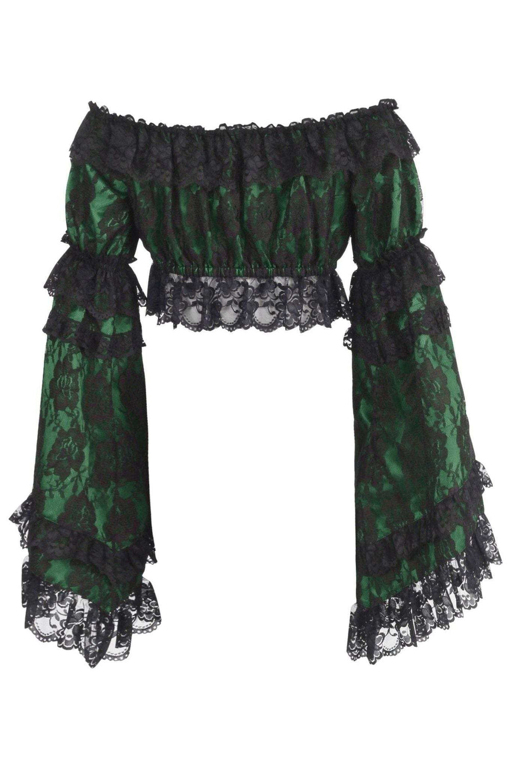 Daisy Corsets Green/Black Lace Smocked Flare Sleeve Peasant Top - Daisy Corsets - Flyclothing LLC