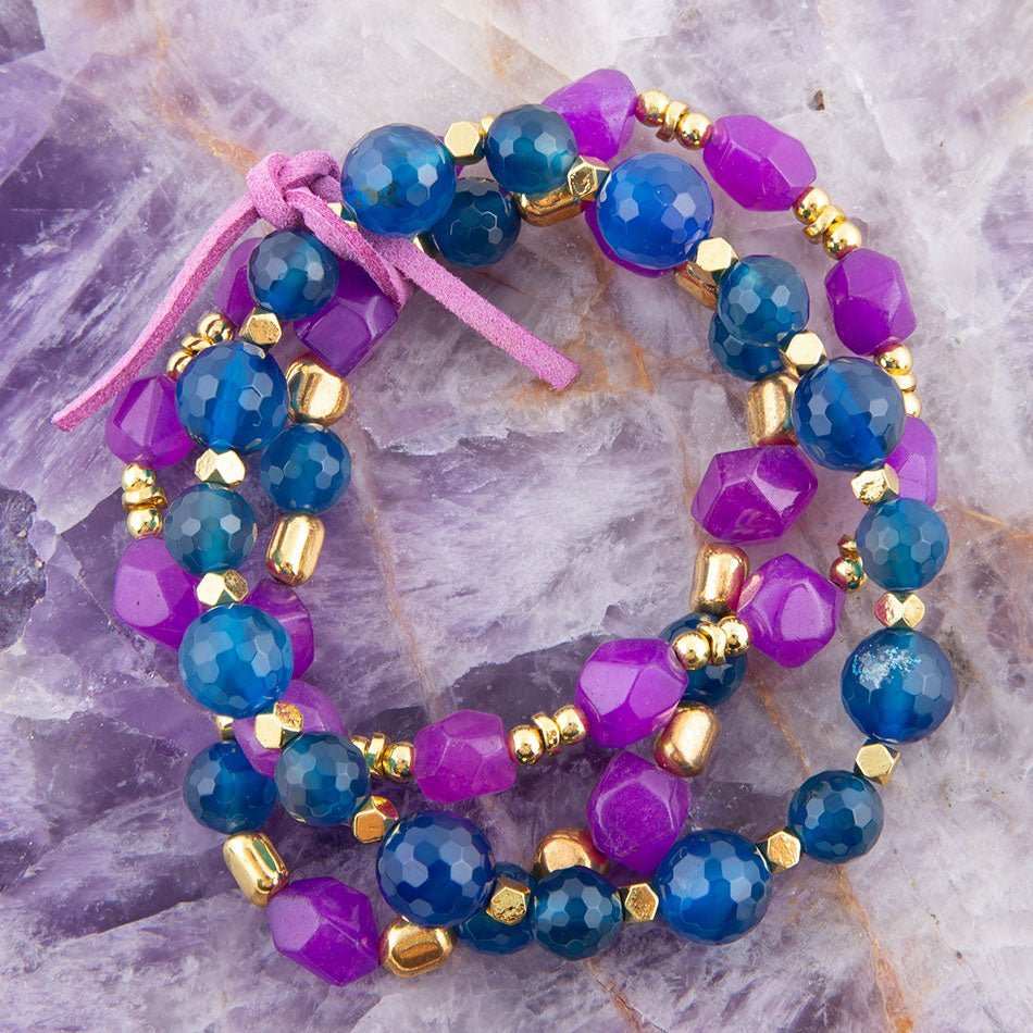 Indigo Blue Purple Agate Stack Golden Bracelet Set - Barse Jewelry - Flyclothing LLC