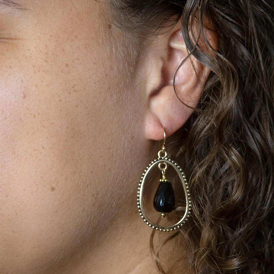 Inline Black Onyx Drop Golden Earrings - Barse Jewelry - Flyclothing LLC