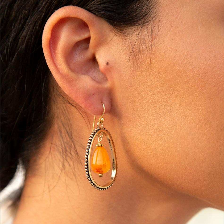 Inline Orange Jade Drop Golden Earrings - Barse Jewelry - Flyclothing LLC