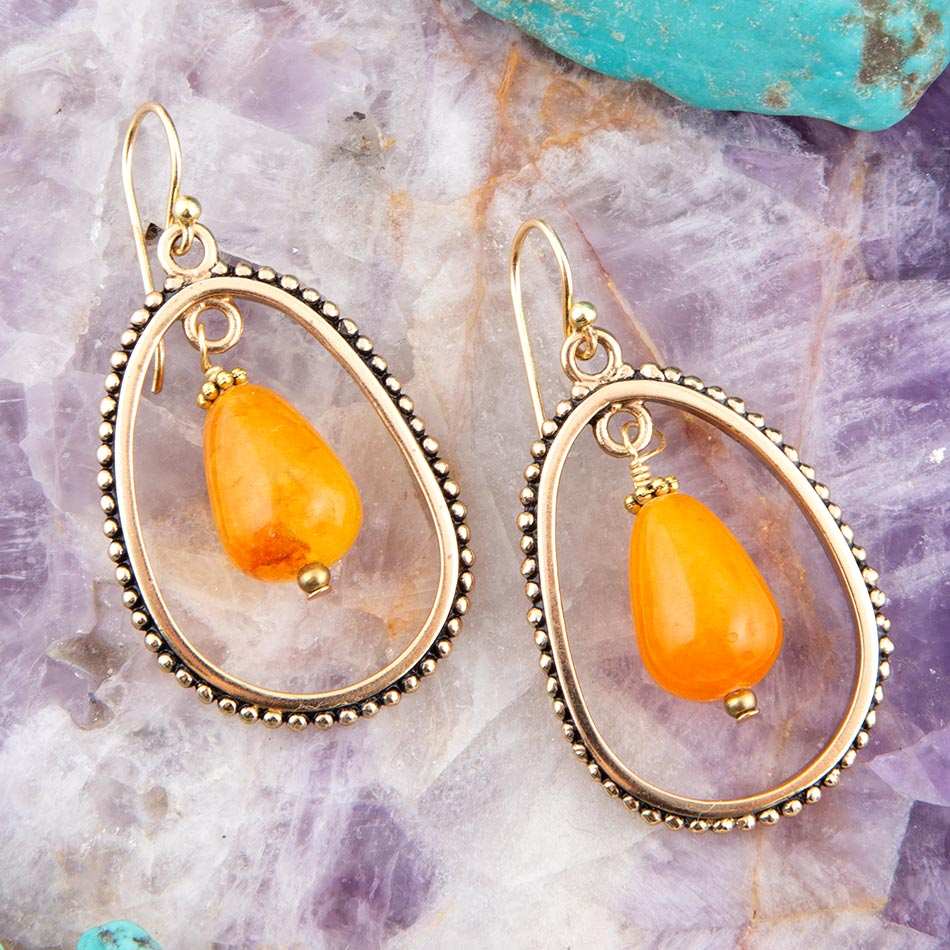 Inline Orange Jade Drop Golden Earrings - Barse Jewelry - Flyclothing LLC