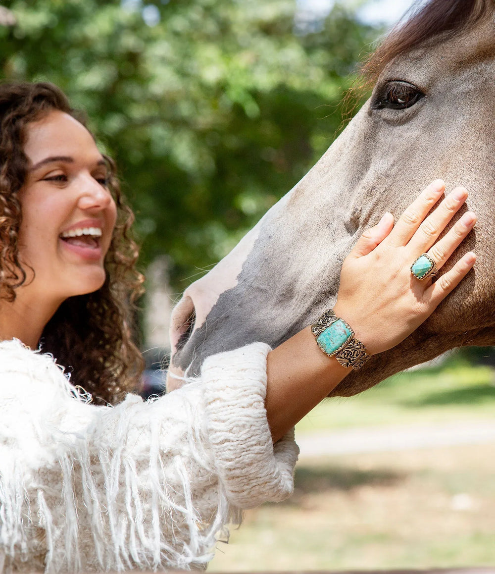 Jacquard Blue Turquoise Solid Golden Cuff Bracelet - Barse Jewelry - Flyclothing LLC