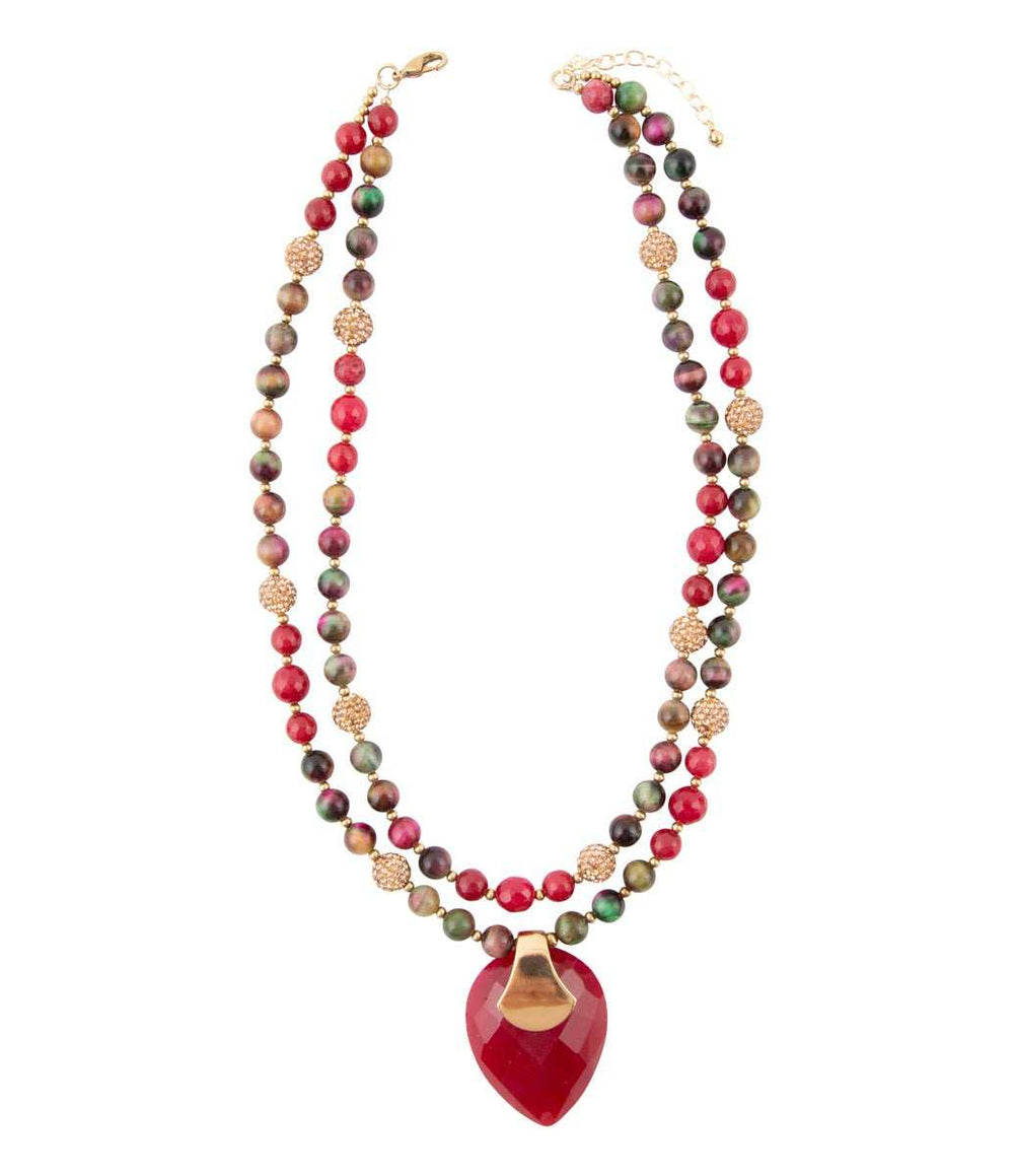 Jeweled Multi-Color Tiger's Eye and Rasberry Quartz Pendant Golden Necklace - Barse Jewelry - Flyclothing LLC