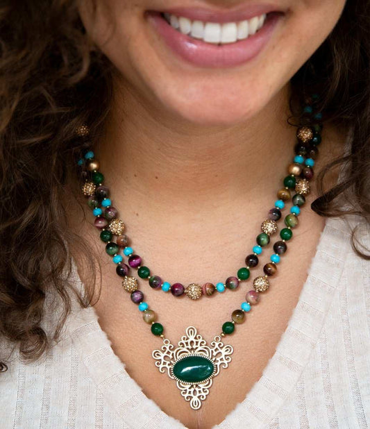 Jeweled Tyger's Eye and Green Onyx Golden Pendant Necklaces - Barse Jewelry - Flyclothing LLC