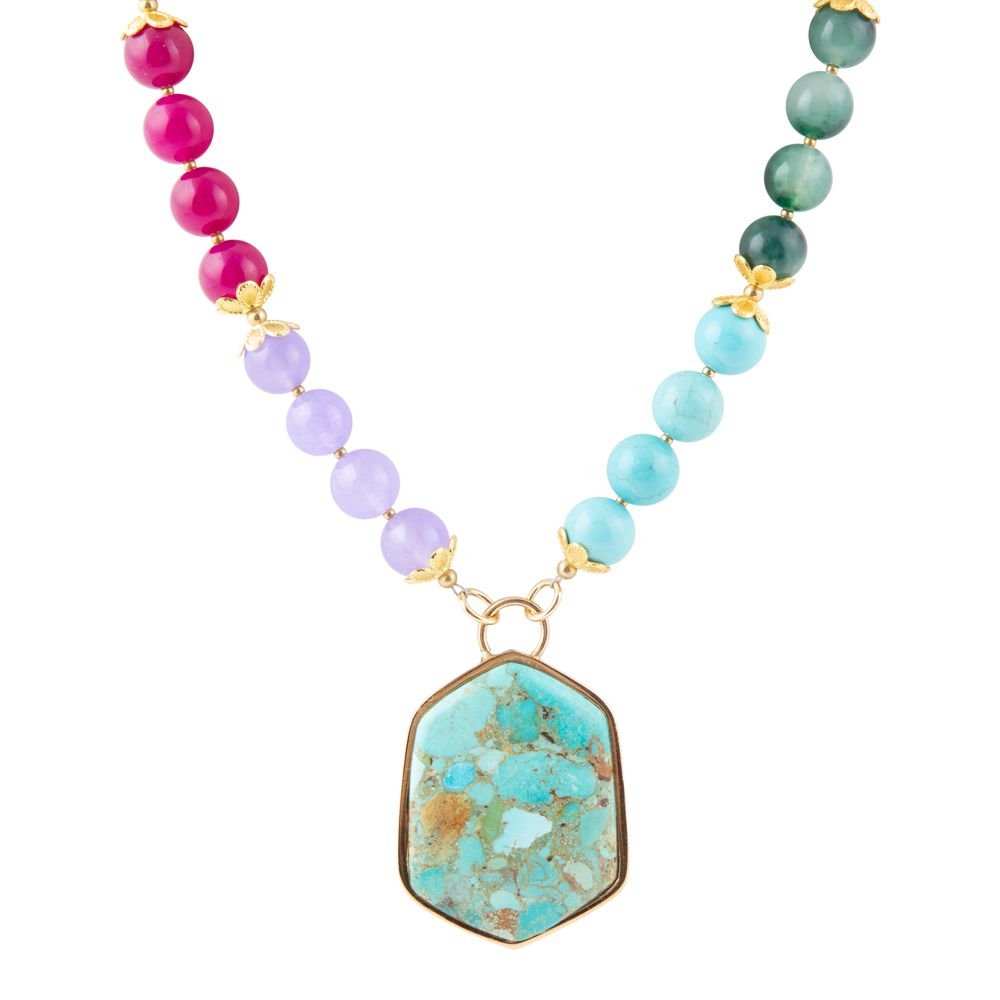 Kaleidoscope Multistone Blue Turquoise Pendant Golden Necklace - Barse Jewelry - Flyclothing LLC