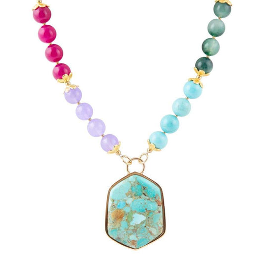 Kaleidoscope Multistone Blue Turquoise Pendant Golden Necklace - Barse Jewelry - Flyclothing LLC