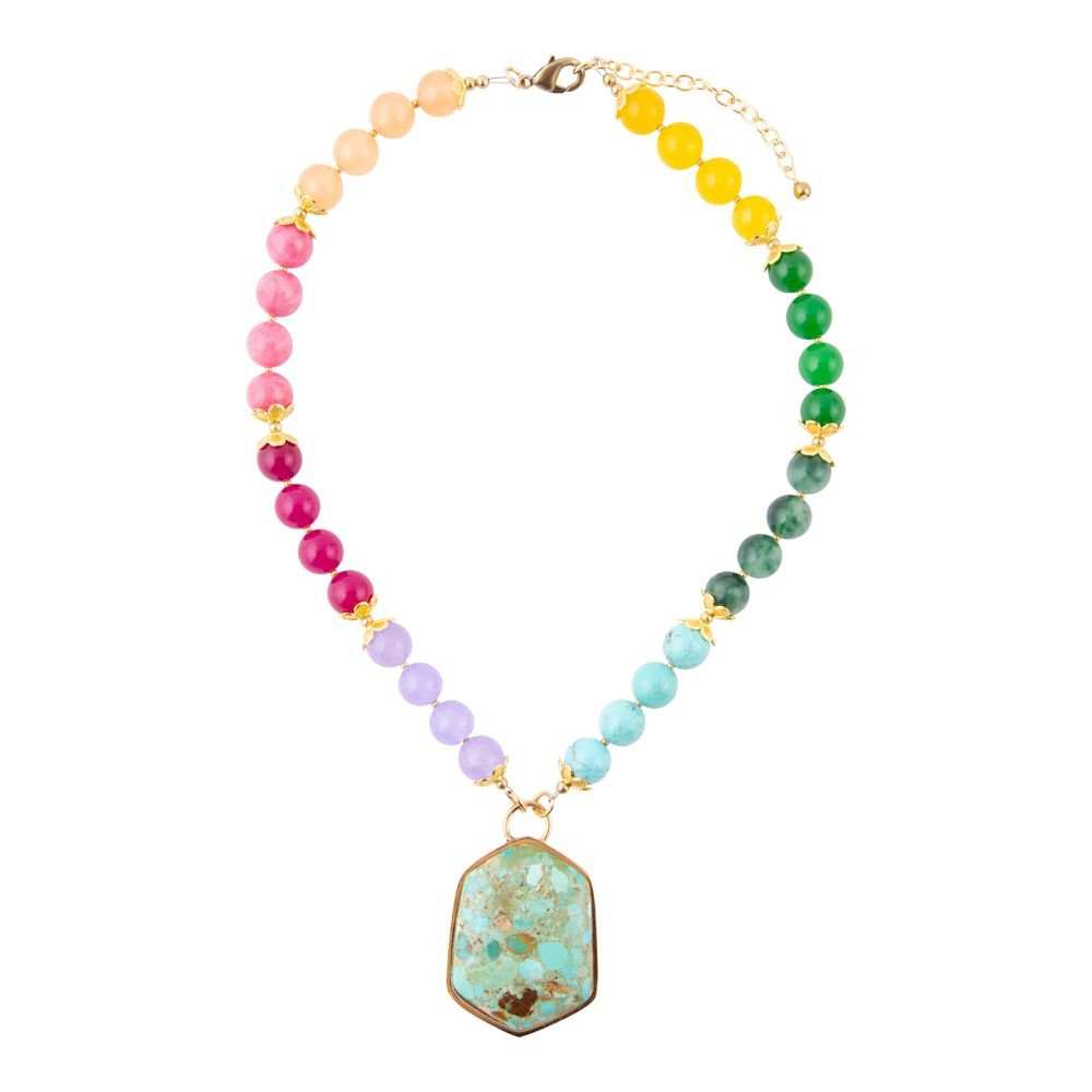 Kaleidoscope Multistone Blue Turquoise Pendant Golden Necklace - Barse Jewelry - Flyclothing LLC