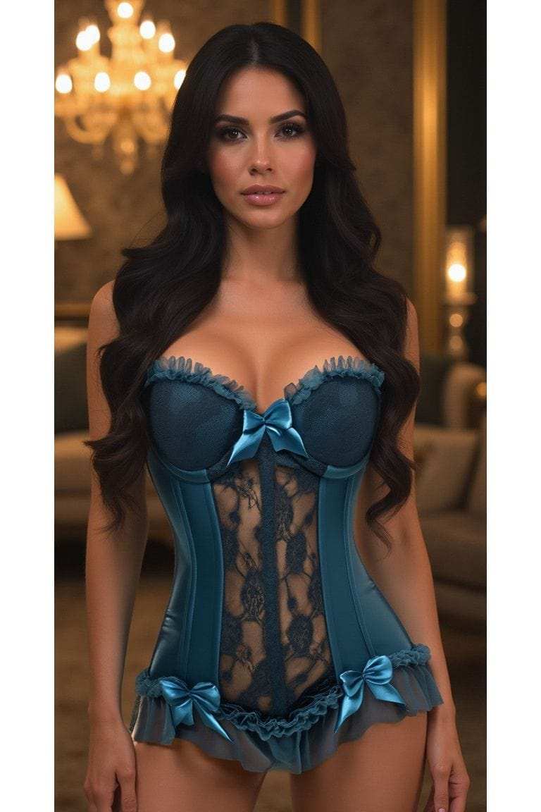 Daisy Corsets Lavish Dark Teal Lycra & Lace Hook & Eye Stretch Bustier Corset - Daisy Corsets - Flyclothing LLC