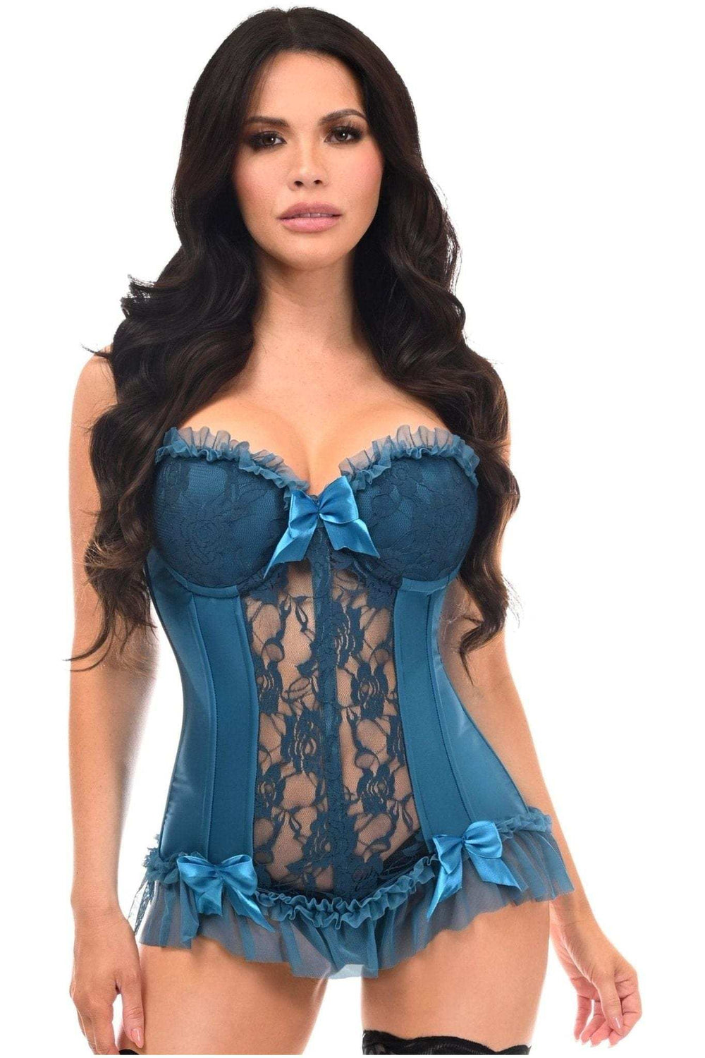 Daisy Corsets Lavish Dark Teal Lycra & Lace Hook & Eye Stretch Bustier Corset - Daisy Corsets - Flyclothing LLC