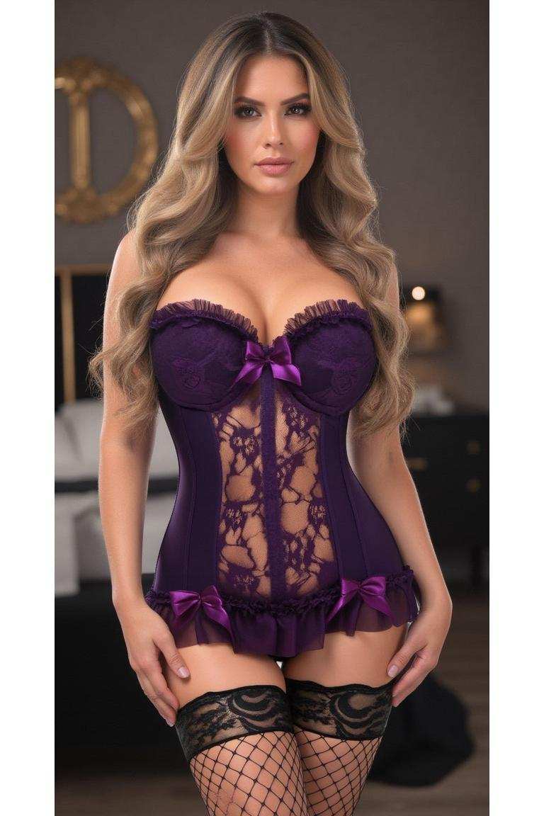 Daisy Corsets Lavish Plum Lycra & Lace Hook & Eye Stretch Bustier Corset - Daisy Corsets - Flyclothing LLC