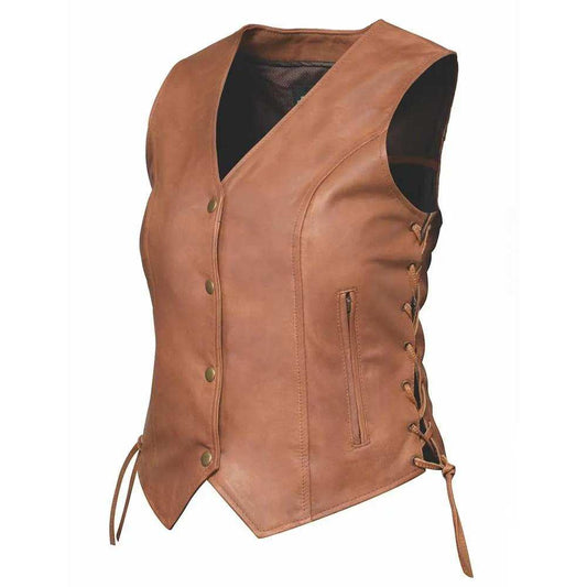 Leah - Ladies Brown Leather Vest - Unik Just for Bikers - Flyclothing LLC