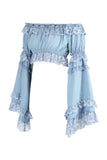 Daisy Corsets Light Blue Denim Smocked Flare Sleeve Peasant Top - Daisy Corsets - Flyclothing LLC
