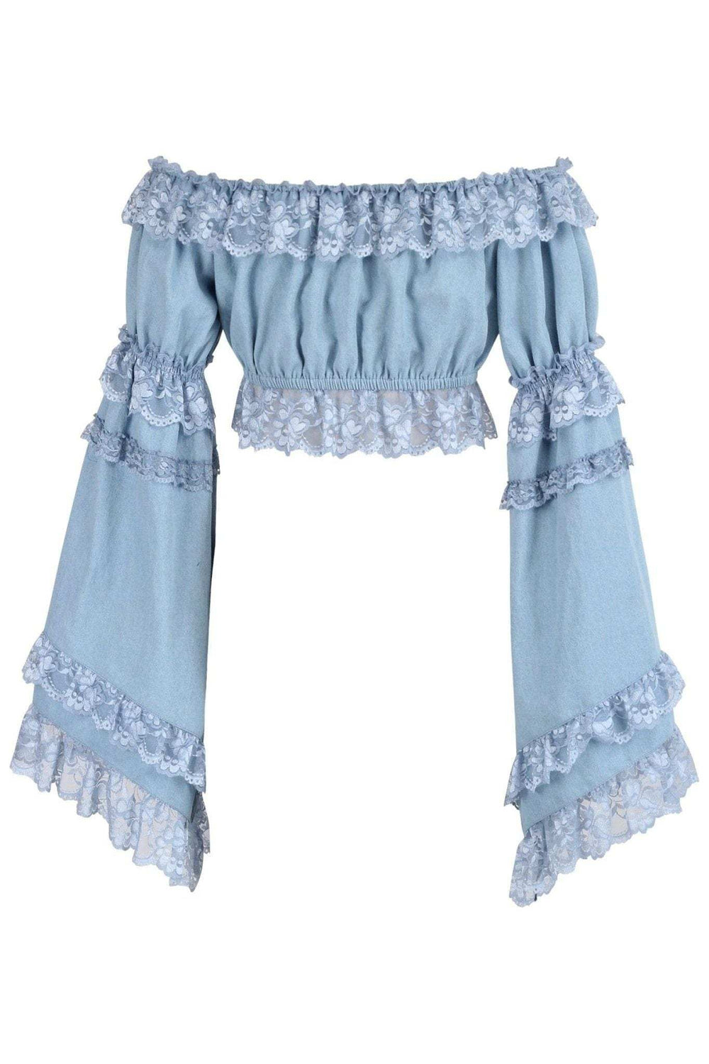 Daisy Corsets Light Blue Denim Smocked Flare Sleeve Peasant Top - Daisy Corsets - Flyclothing LLC