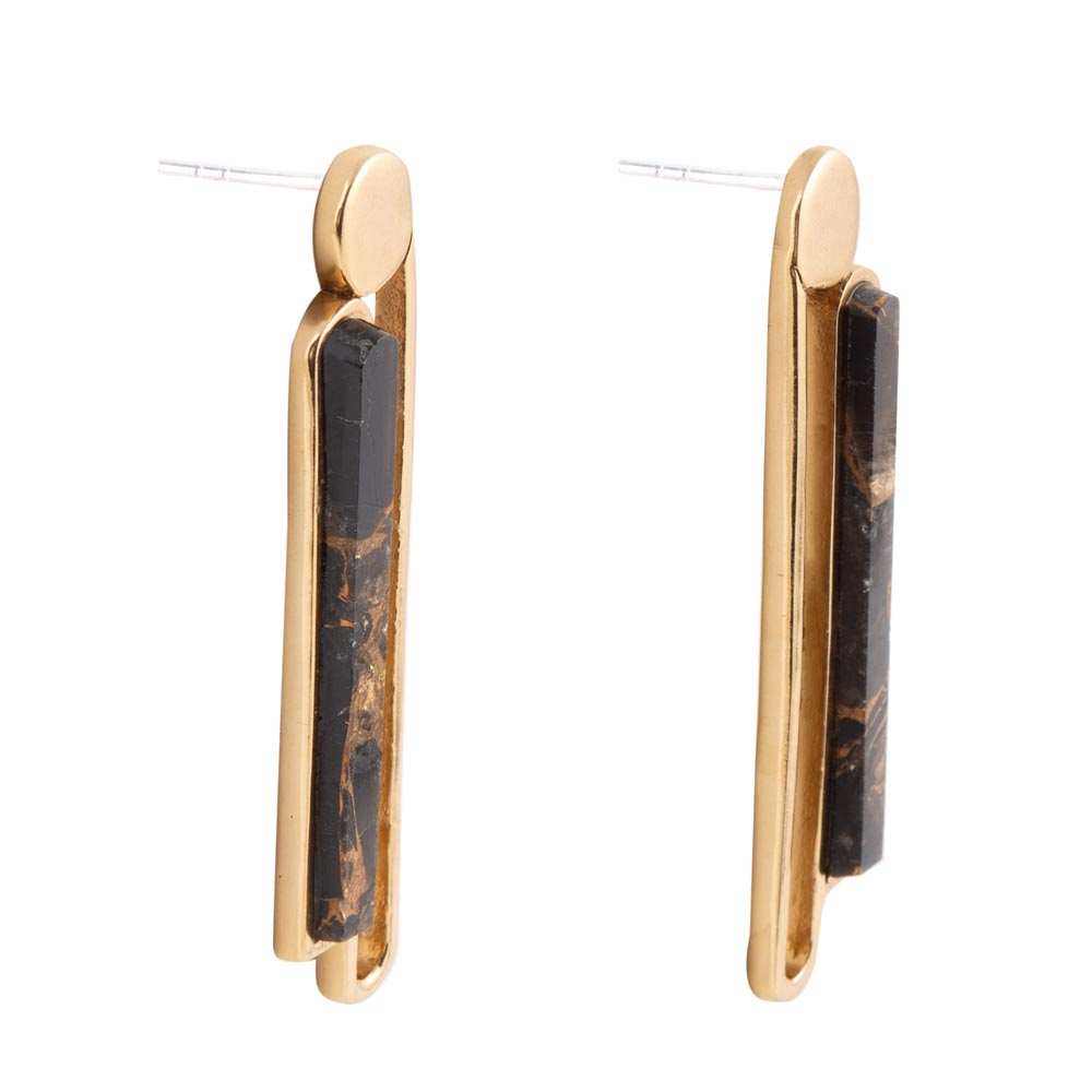 Linear Black and Gold Shungite Matrix and Golden Bronze Earrings - Barse Jewelry - Flyclothing LLC