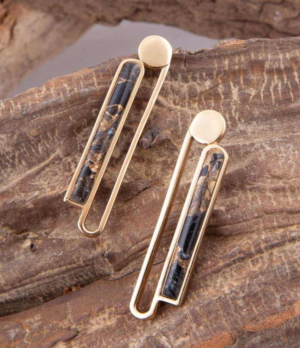 Linear Black and Gold Shungite Matrix and Golden Bronze Earrings - Barse Jewelry - Flyclothing LLC