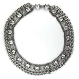 LO1137 - Antique Silver Brass Necklace with Synthetic Synthetic Glass in Clear - Alamode - Flyclothing LLC