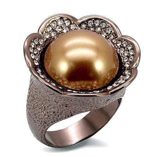 LO1691 - Chocolate Gold Brass Ring with Synthetic Pearl in Brown - Alamode - Flyclothing LLC