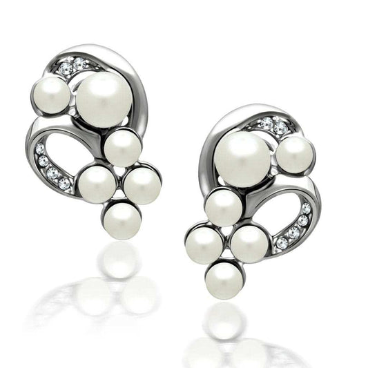LO1970 - Rhodium White Metal Earrings with Synthetic Pearl in White - Alamode - Flyclothing LLC