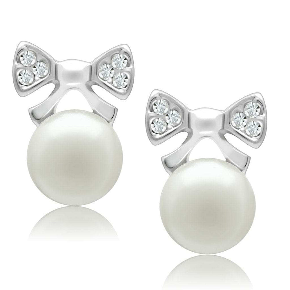 LO1980 - Rhodium White Metal Earrings with Synthetic Pearl in White - Alamode - Flyclothing LLC