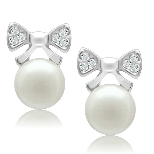 LO1980 - Rhodium White Metal Earrings with Synthetic Pearl in White - Alamode - Flyclothing LLC