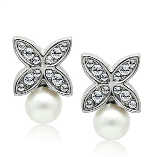 LO1987 - Rhodium White Metal Earrings with Synthetic Pearl in White - Alamode - Flyclothing LLC