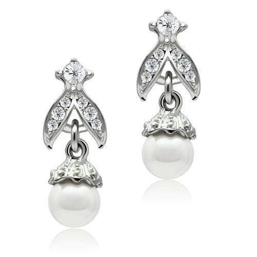 LO1988 - Rhodium White Metal Earrings with Synthetic Pearl in White - Alamode - Flyclothing LLC