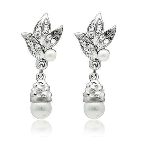 LO1992 - Rhodium White Metal Earrings with Synthetic Pearl in White - Alamode - Flyclothing LLC