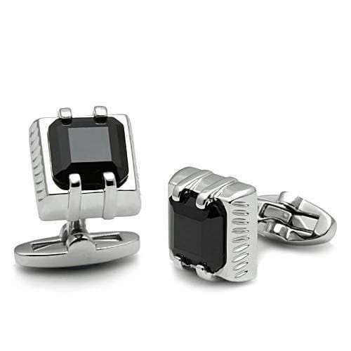 LO2305 - Rhodium Brass Cufflink with AAA Grade CZ in Jet - Alamode - Flyclothing LLC