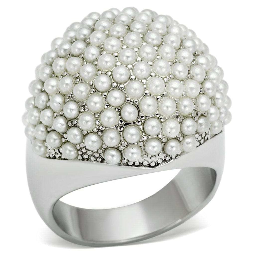 LO2433 - Rhodium Brass Ring with Synthetic Pearl in White - Alamode - Flyclothing LLC
